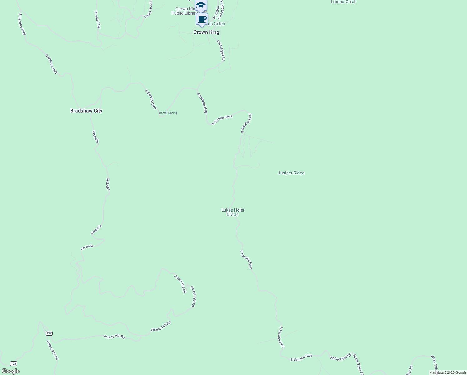 map of restaurants, bars, coffee shops, grocery stores, and more near 24930 South Horsethief Basin Road in Crown King