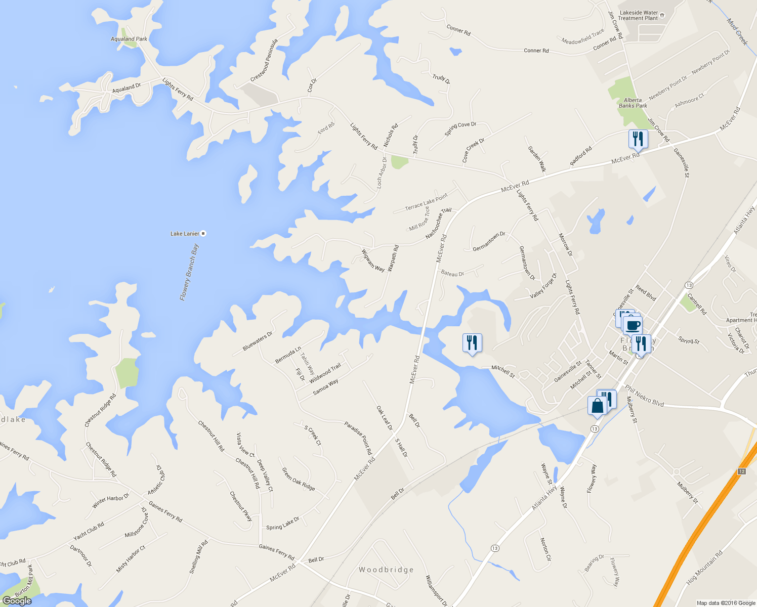 map of restaurants, bars, coffee shops, grocery stores, and more near 6011 Warpath Road in Flowery Branch