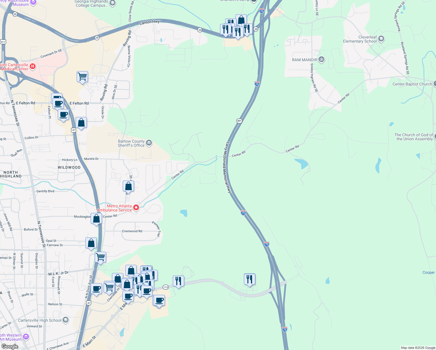 map of restaurants, bars, coffee shops, grocery stores, and more near 24 Autumn Canyon Path Southeast in Cartersville