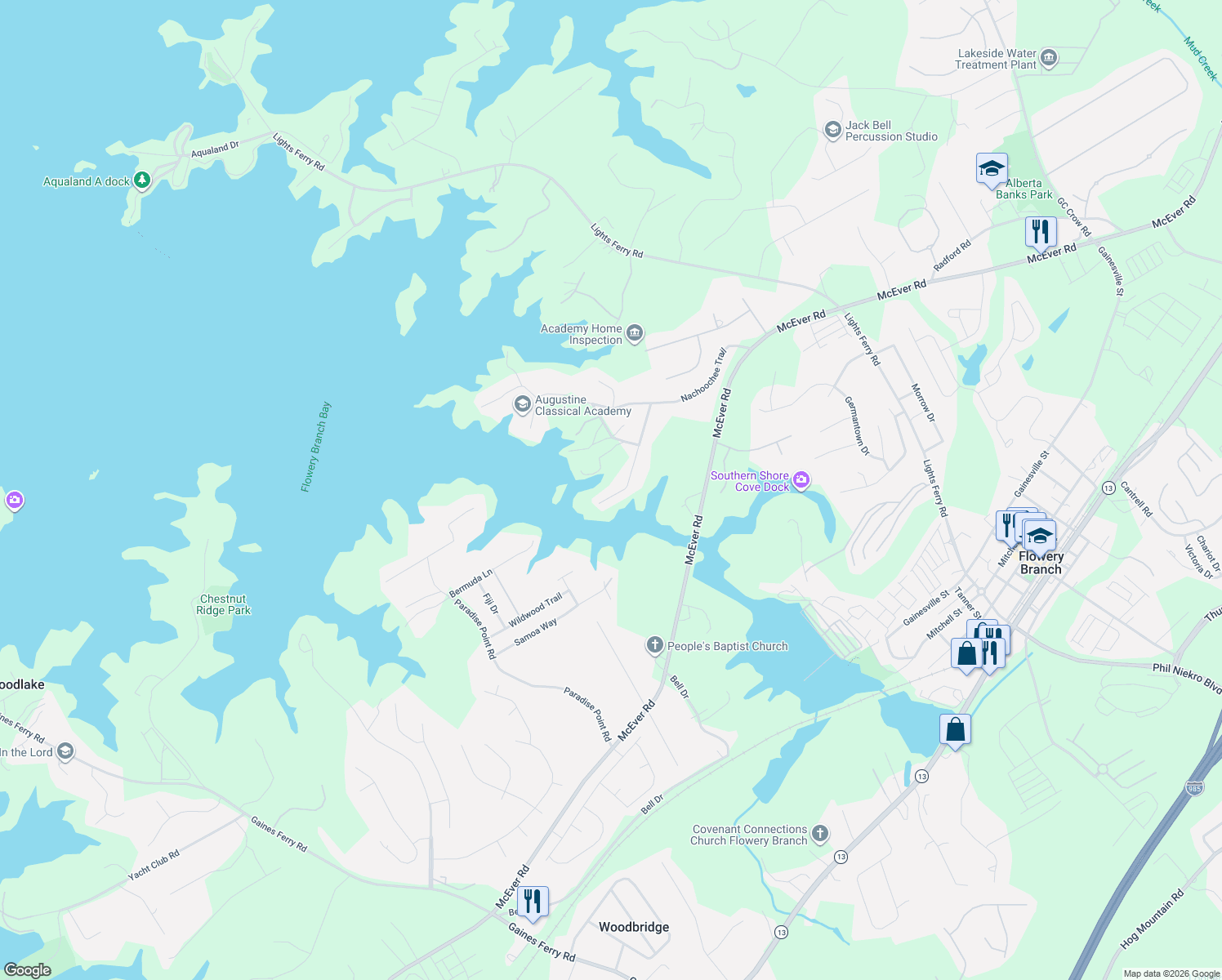 map of restaurants, bars, coffee shops, grocery stores, and more near 6011 Warpath Road in Flowery Branch