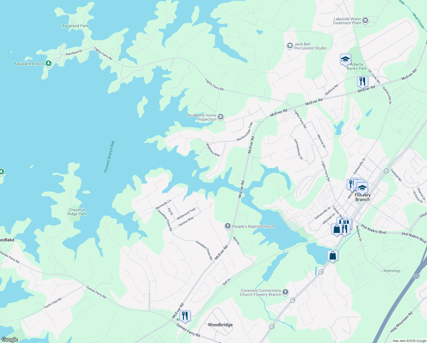 map of restaurants, bars, coffee shops, grocery stores, and more near 6011 Warpath Road in Flowery Branch