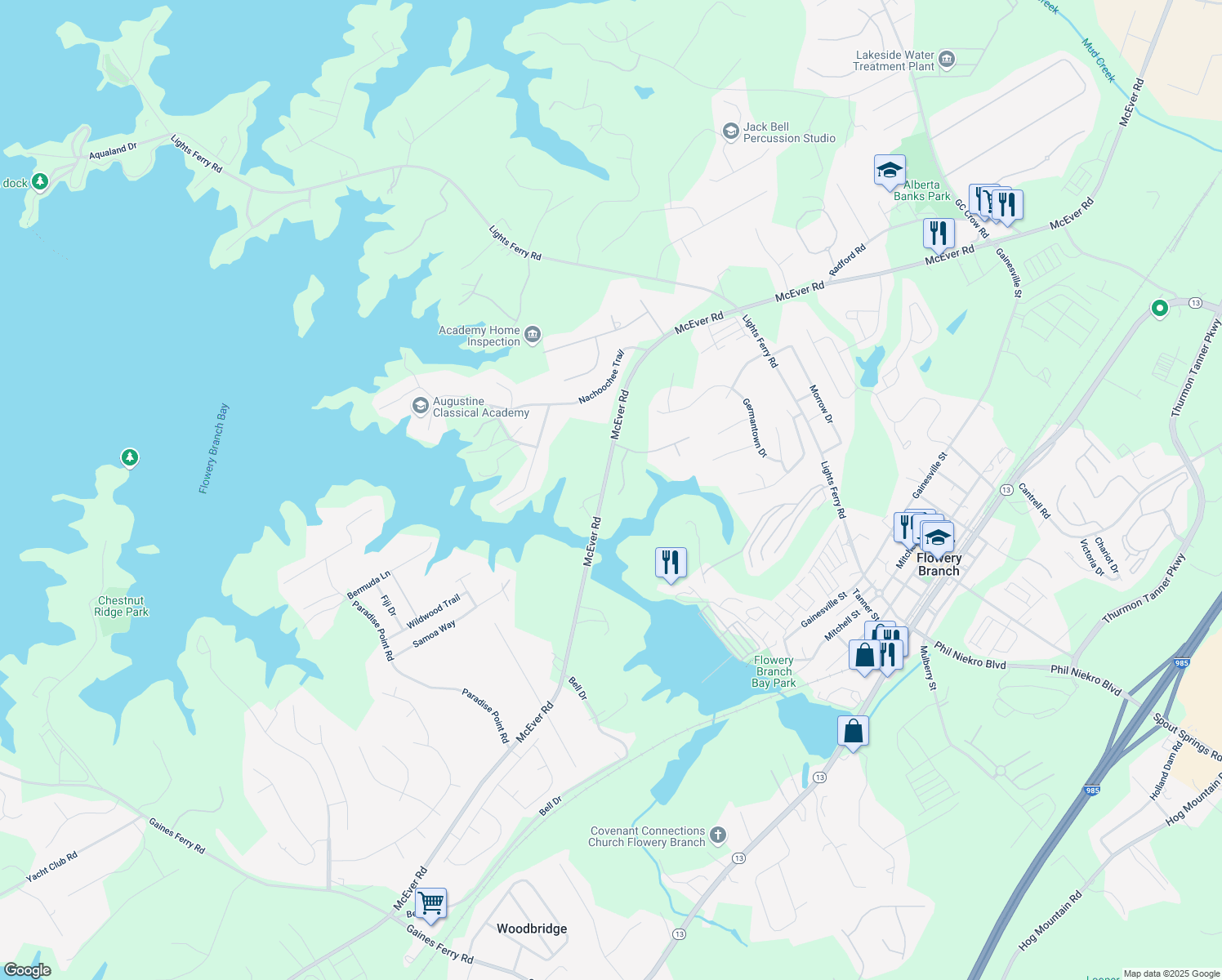 map of restaurants, bars, coffee shops, grocery stores, and more near 6026 McEver Road in Flowery Branch