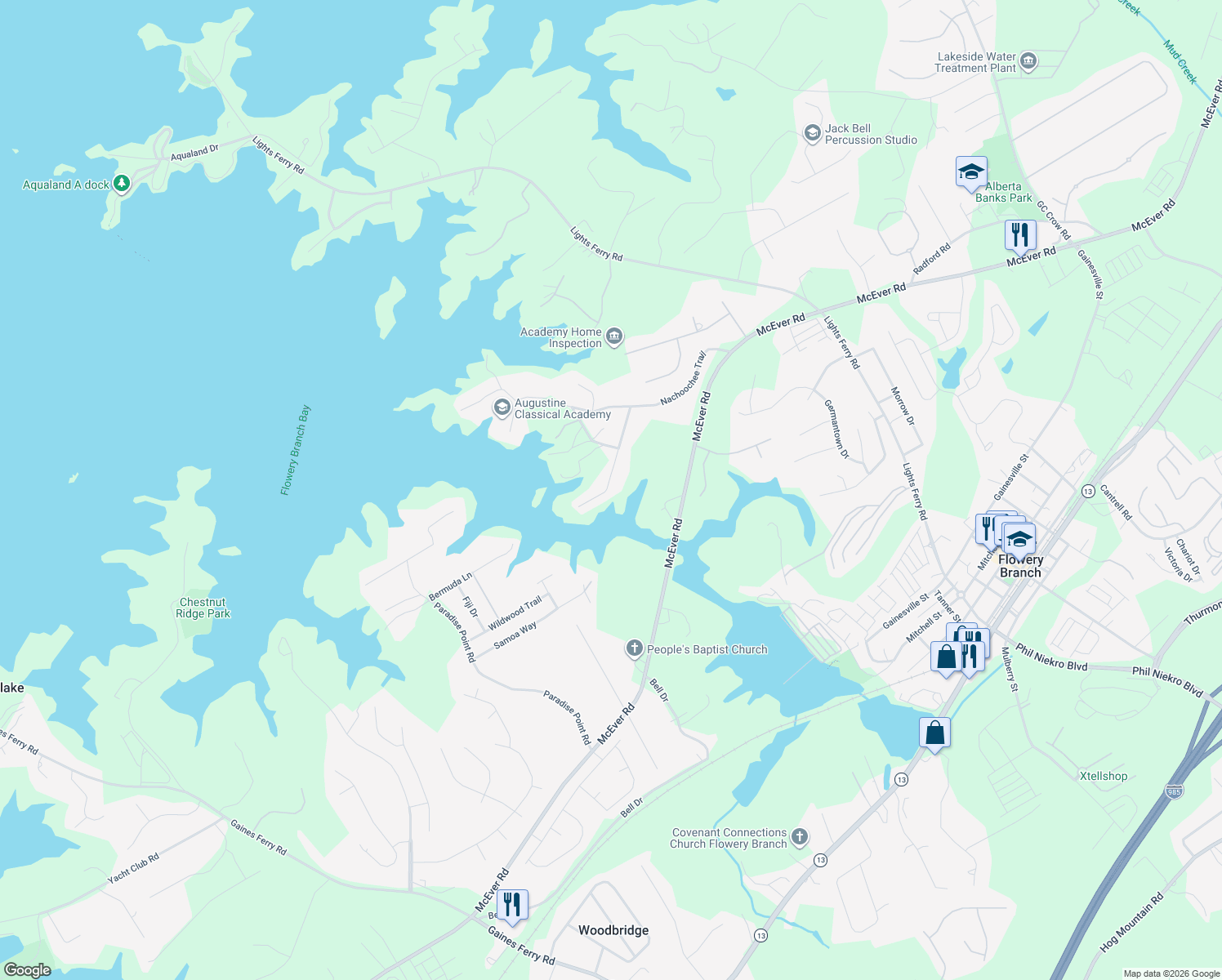 map of restaurants, bars, coffee shops, grocery stores, and more near 5997 Warpath Road in Flowery Branch