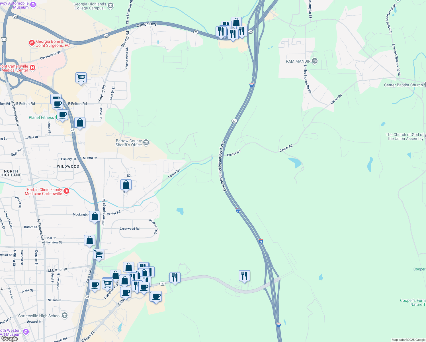 map of restaurants, bars, coffee shops, grocery stores, and more near 20 Autumn Canyon Path Southeast in Cartersville