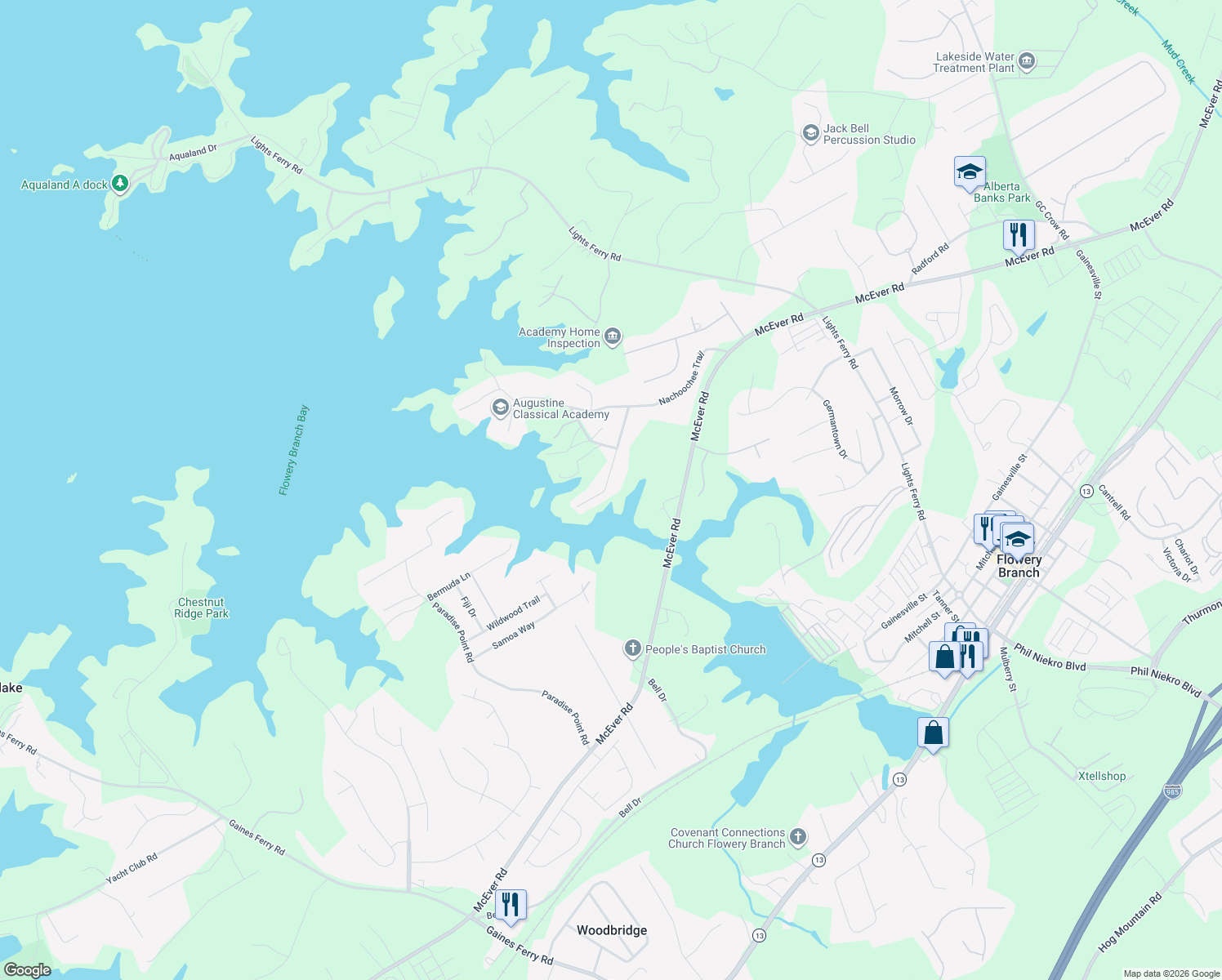 map of restaurants, bars, coffee shops, grocery stores, and more near 5997 Warpath Road in Flowery Branch