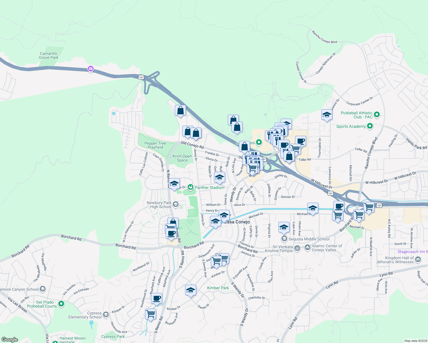 map of restaurants, bars, coffee shops, grocery stores, and more near 723 Gerst Drive in Thousand Oaks