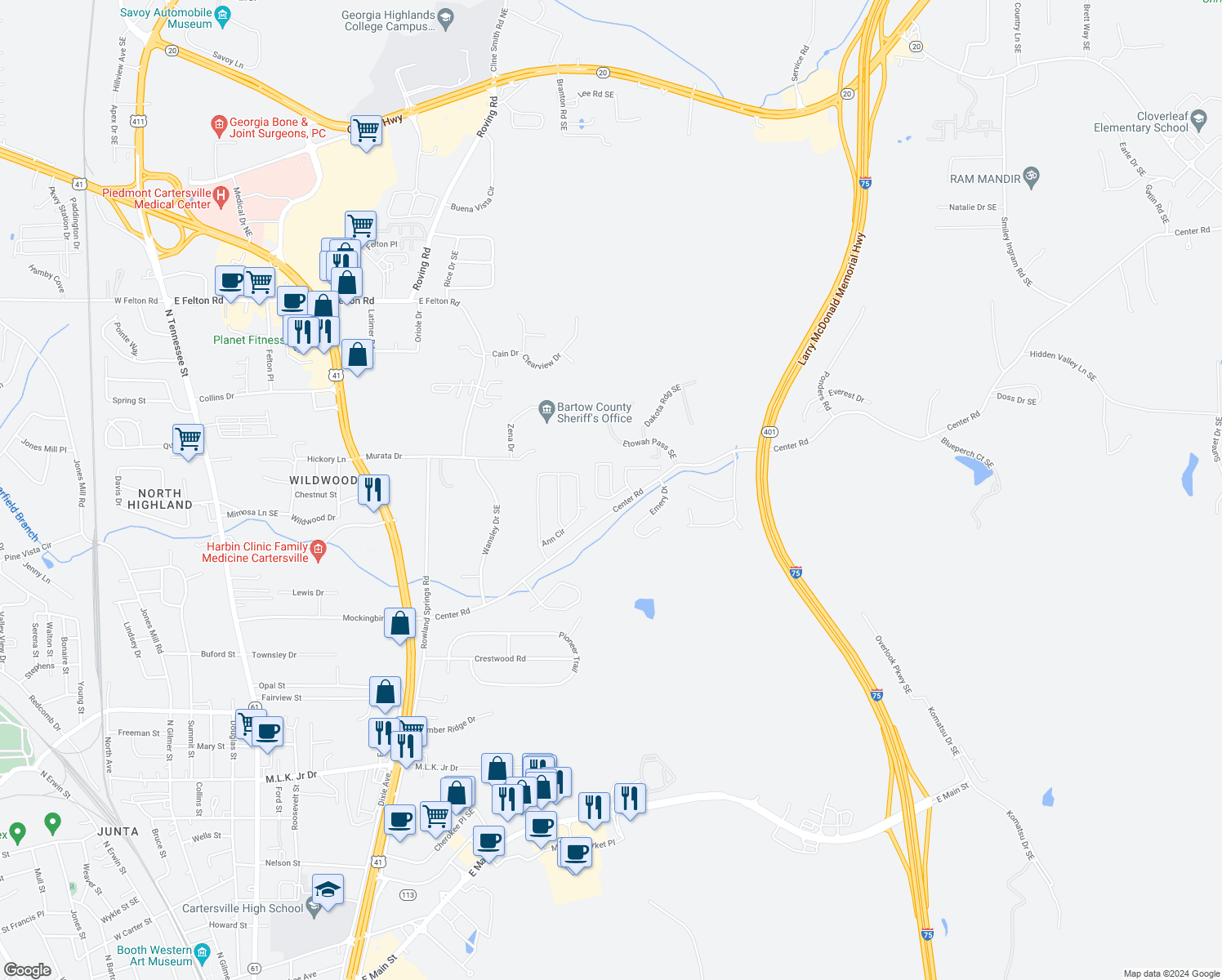 map of restaurants, bars, coffee shops, grocery stores, and more near 66 Wyndham Court in Cartersville