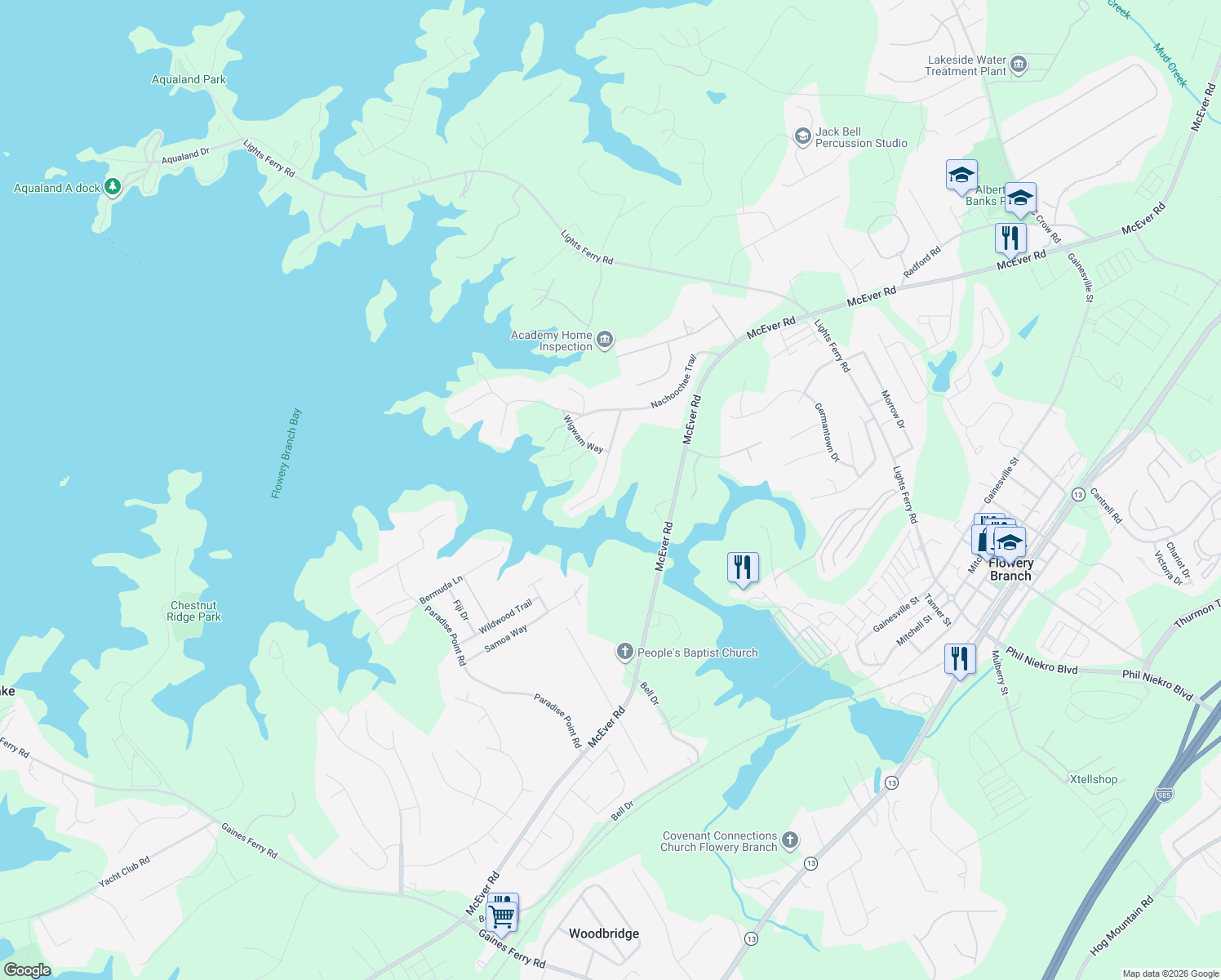 map of restaurants, bars, coffee shops, grocery stores, and more near 5995 Warpath Road in Flowery Branch