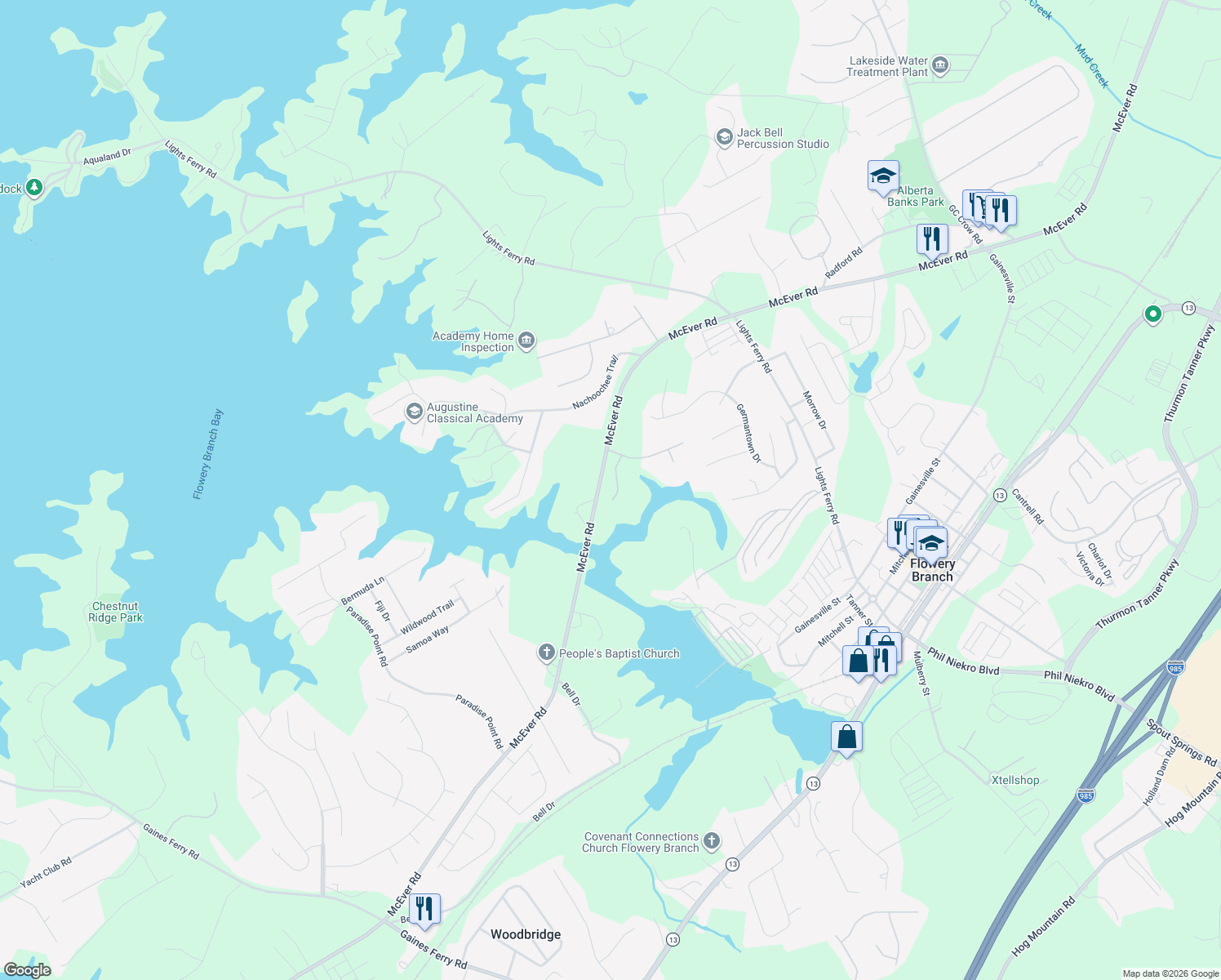 map of restaurants, bars, coffee shops, grocery stores, and more near 6018 Catamaran Court in Flowery Branch