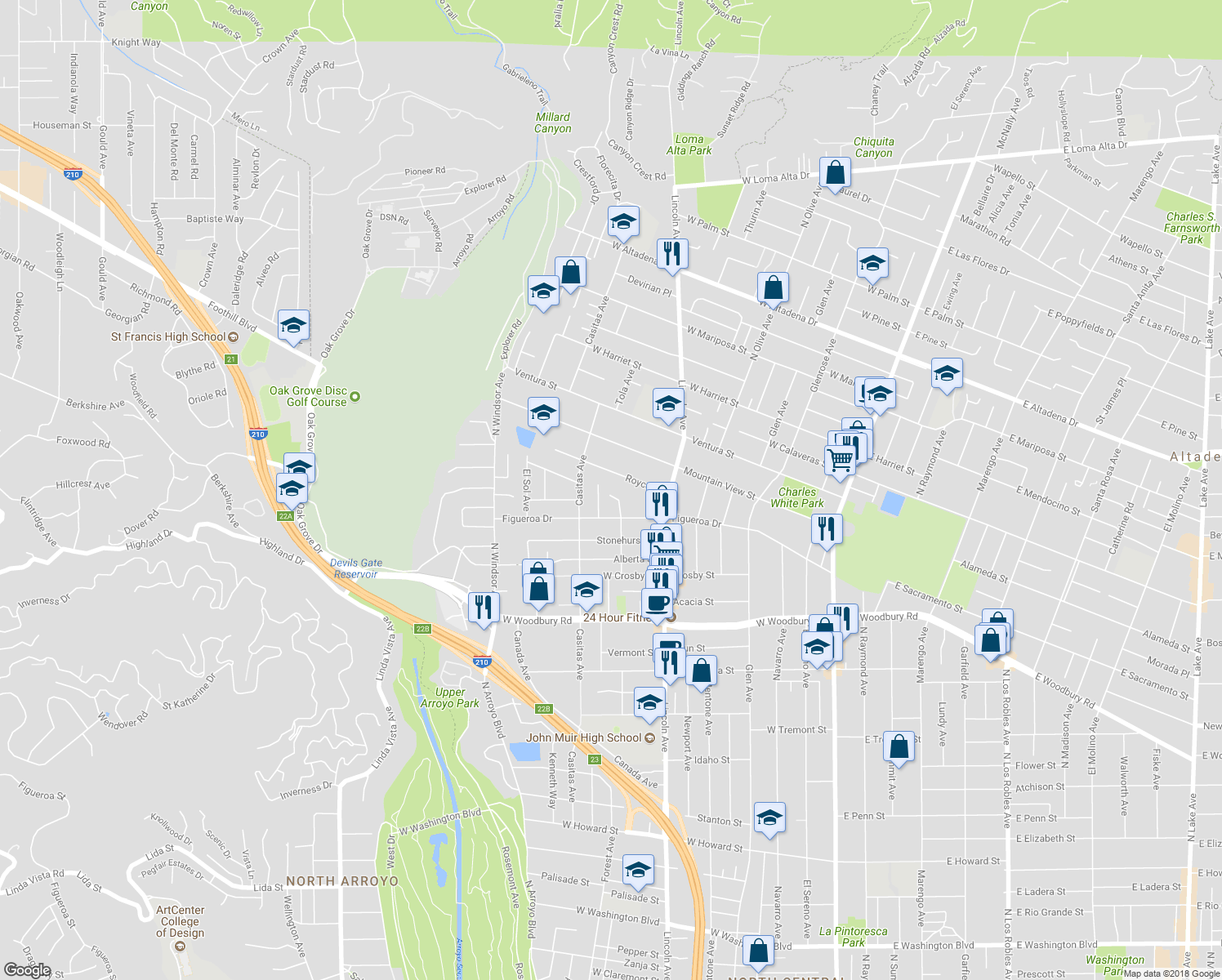 map of restaurants, bars, coffee shops, grocery stores, and more near 2508 North Canyada Avenue in Altadena