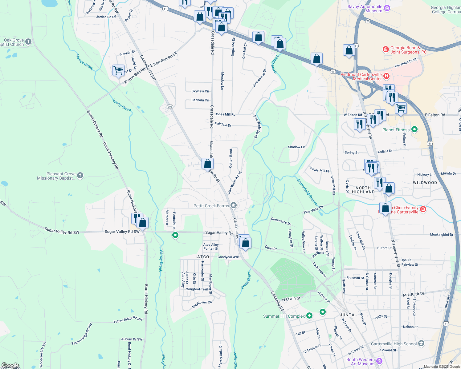 map of restaurants, bars, coffee shops, grocery stores, and more near 15 Parr Wade Road Southeast in Cartersville