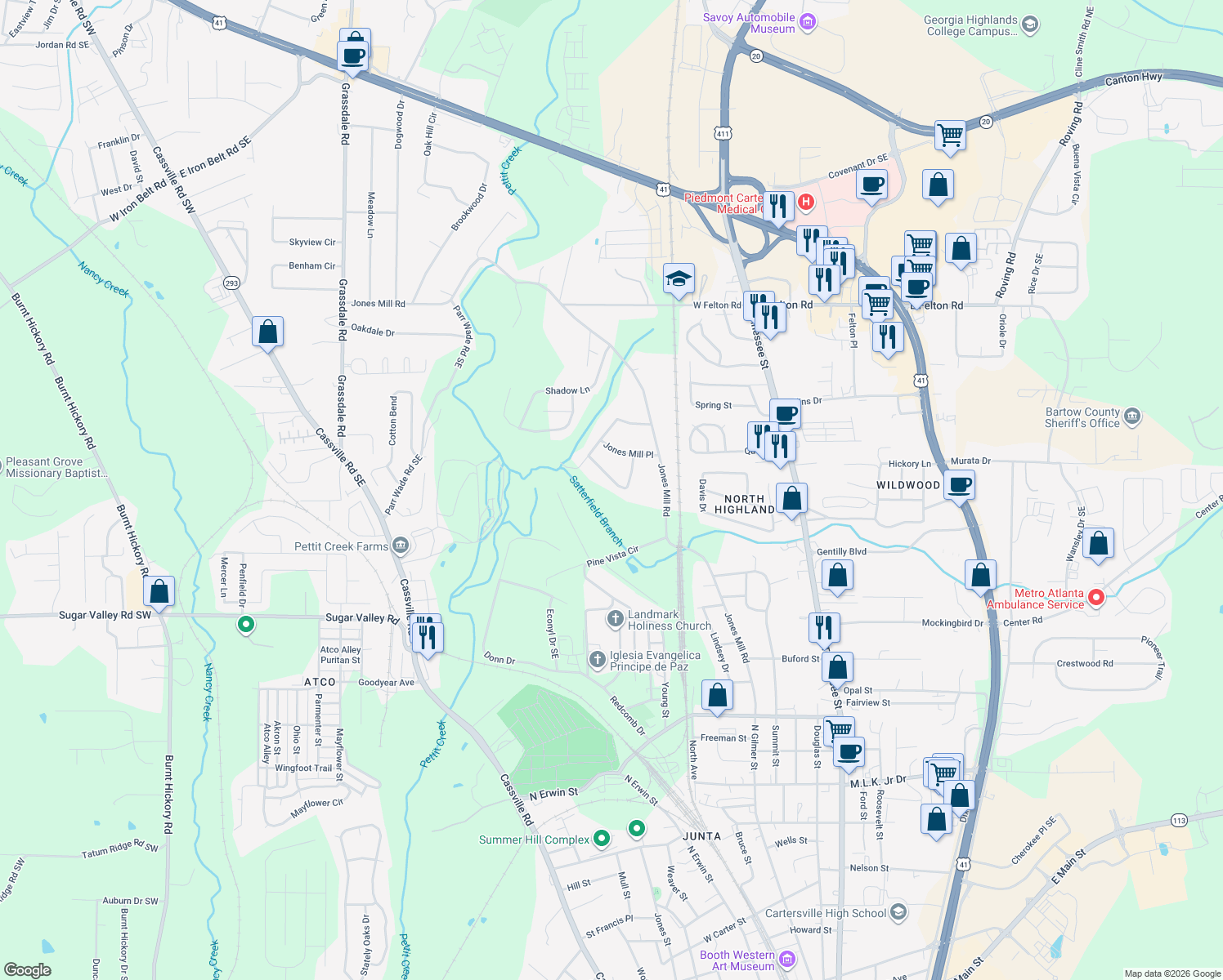 map of restaurants, bars, coffee shops, grocery stores, and more near 4 Cherrywood Lane in Cartersville