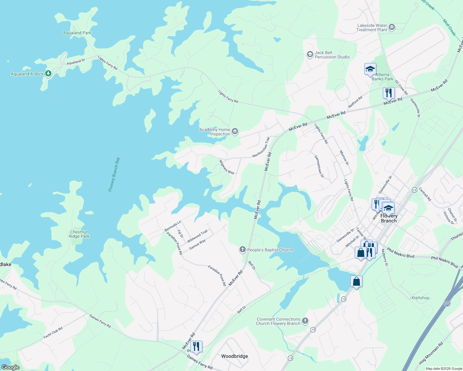 map of restaurants, bars, coffee shops, grocery stores, and more near 5990 Wigwam Way in Flowery Branch