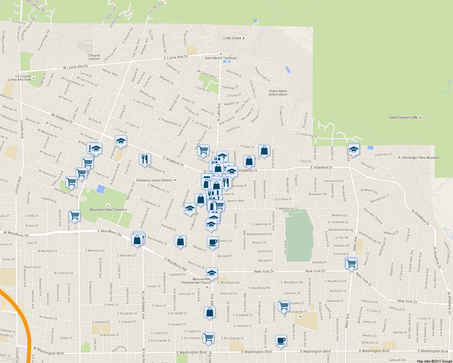map of restaurants, bars, coffee shops, grocery stores, and more near 1003 East Mariposa Street in Altadena