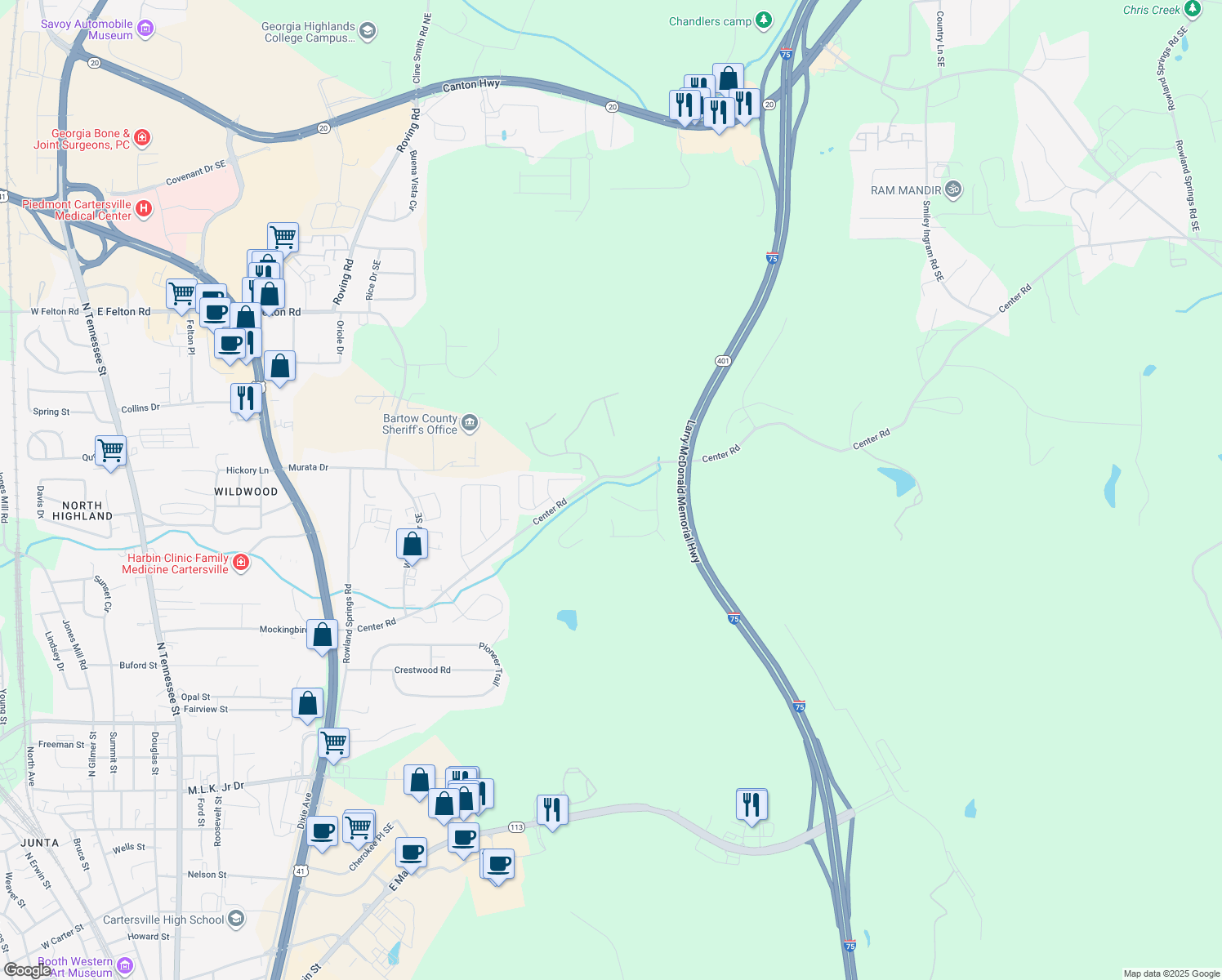 map of restaurants, bars, coffee shops, grocery stores, and more near 23 Canyon Trail Southeast in Cartersville