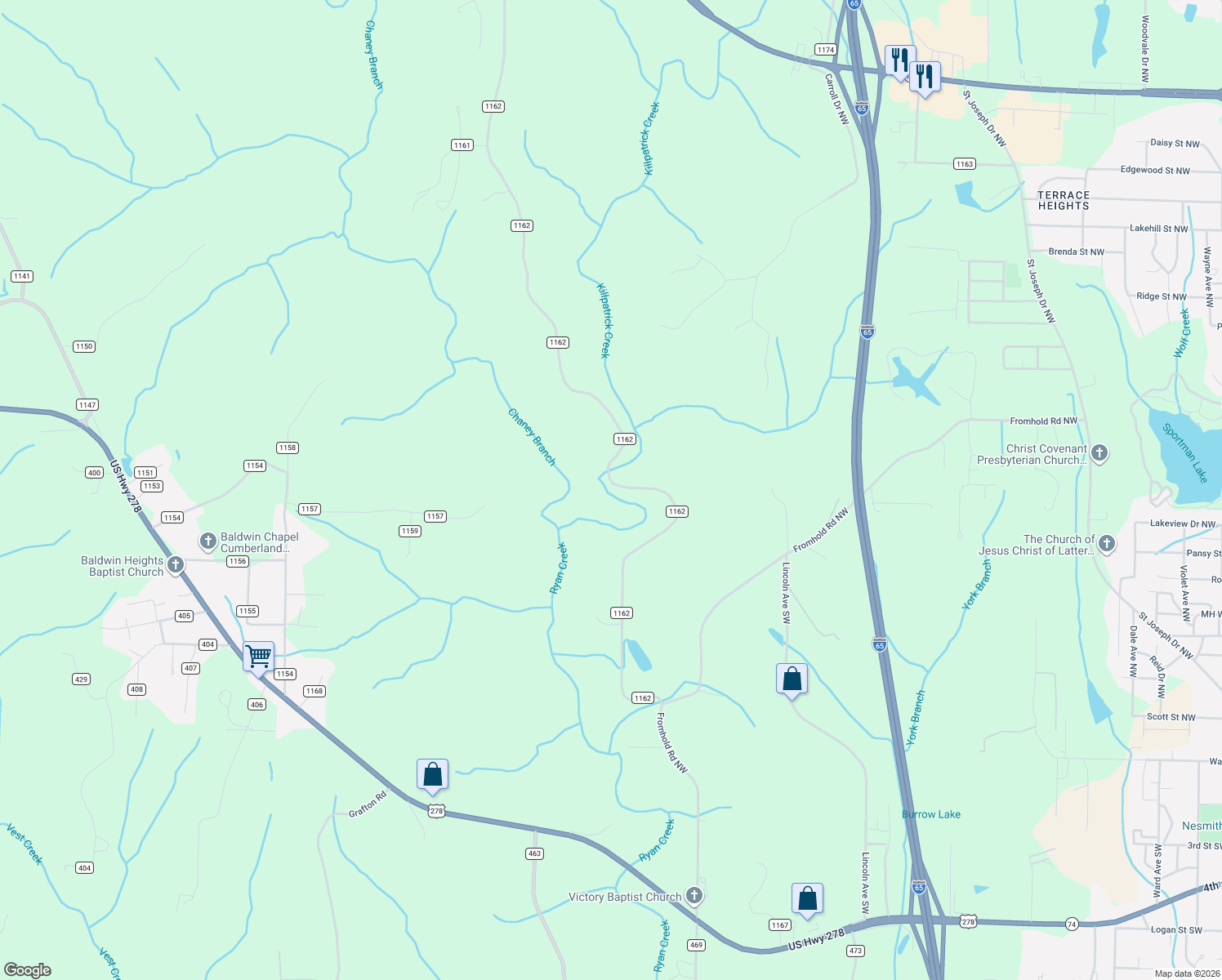 map of restaurants, bars, coffee shops, grocery stores, and more near 1027 County Road 1162 in Cullman
