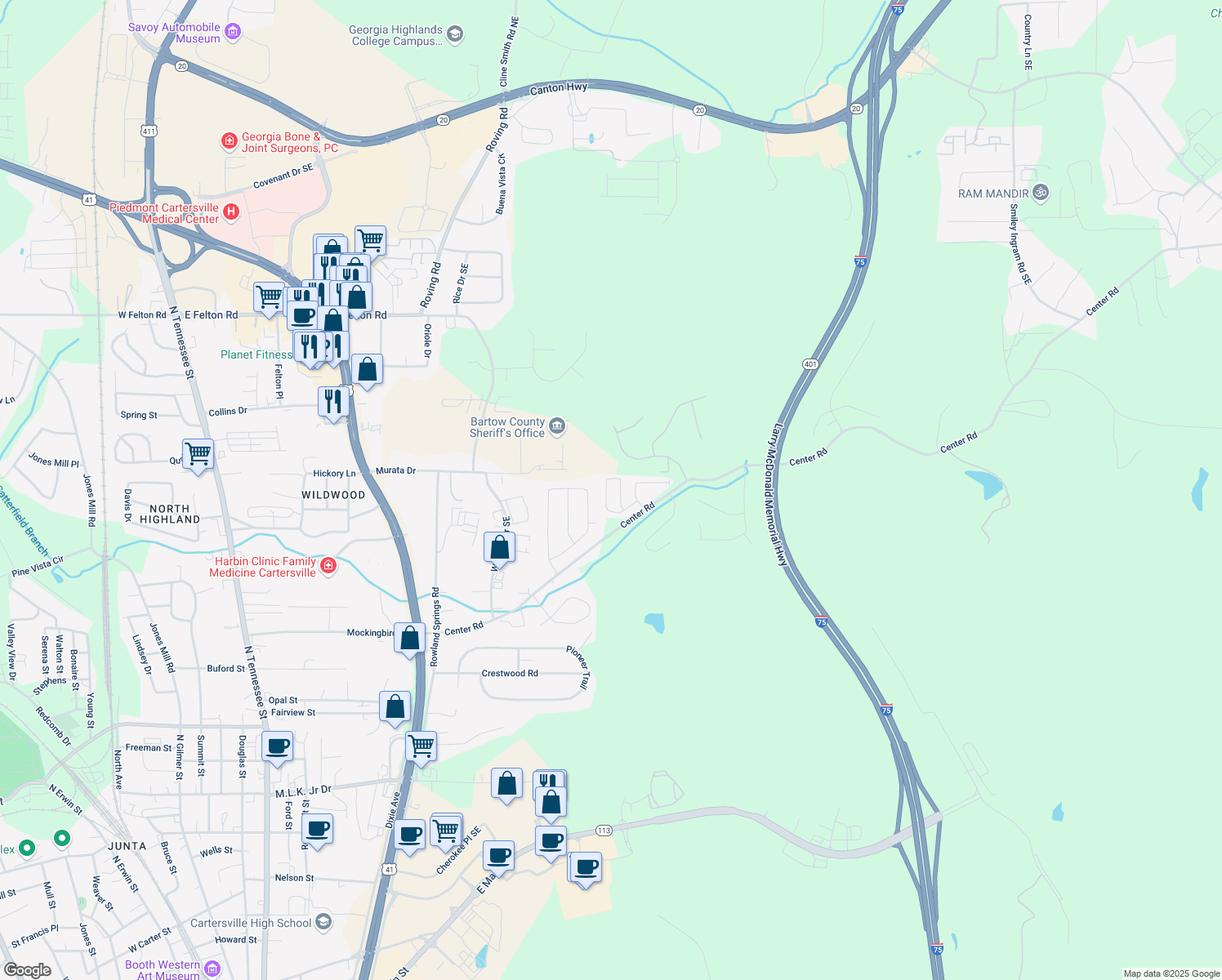 map of restaurants, bars, coffee shops, grocery stores, and more near 58 Wyndham Court in Cartersville
