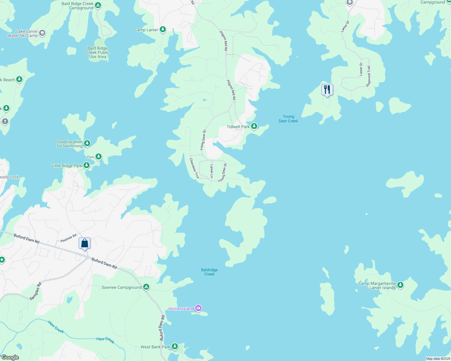 map of restaurants, bars, coffee shops, grocery stores, and more near 5420 Williams Shores Drive in Cumming