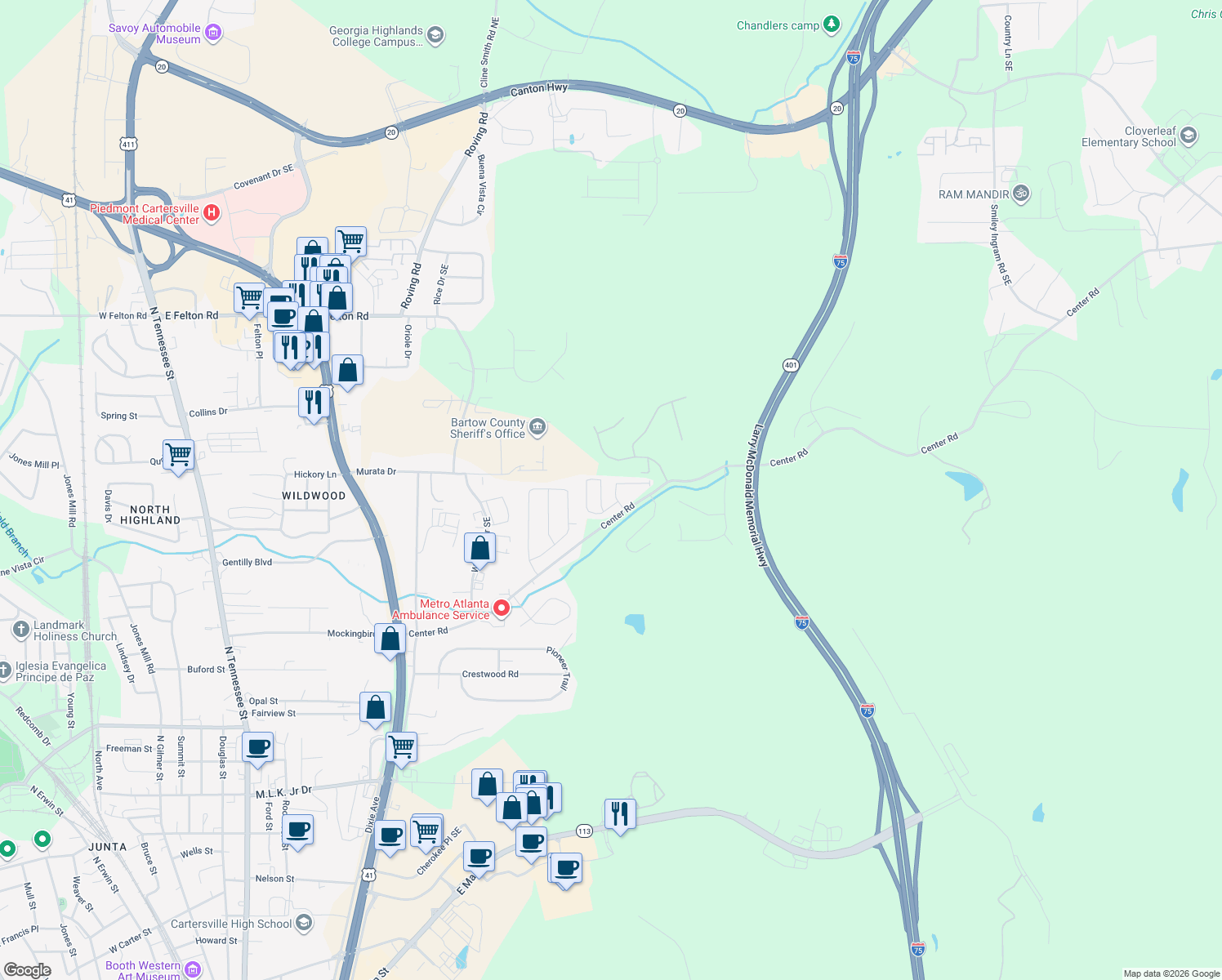 map of restaurants, bars, coffee shops, grocery stores, and more near 21 Carriage Hills Drive Southeast in Cartersville