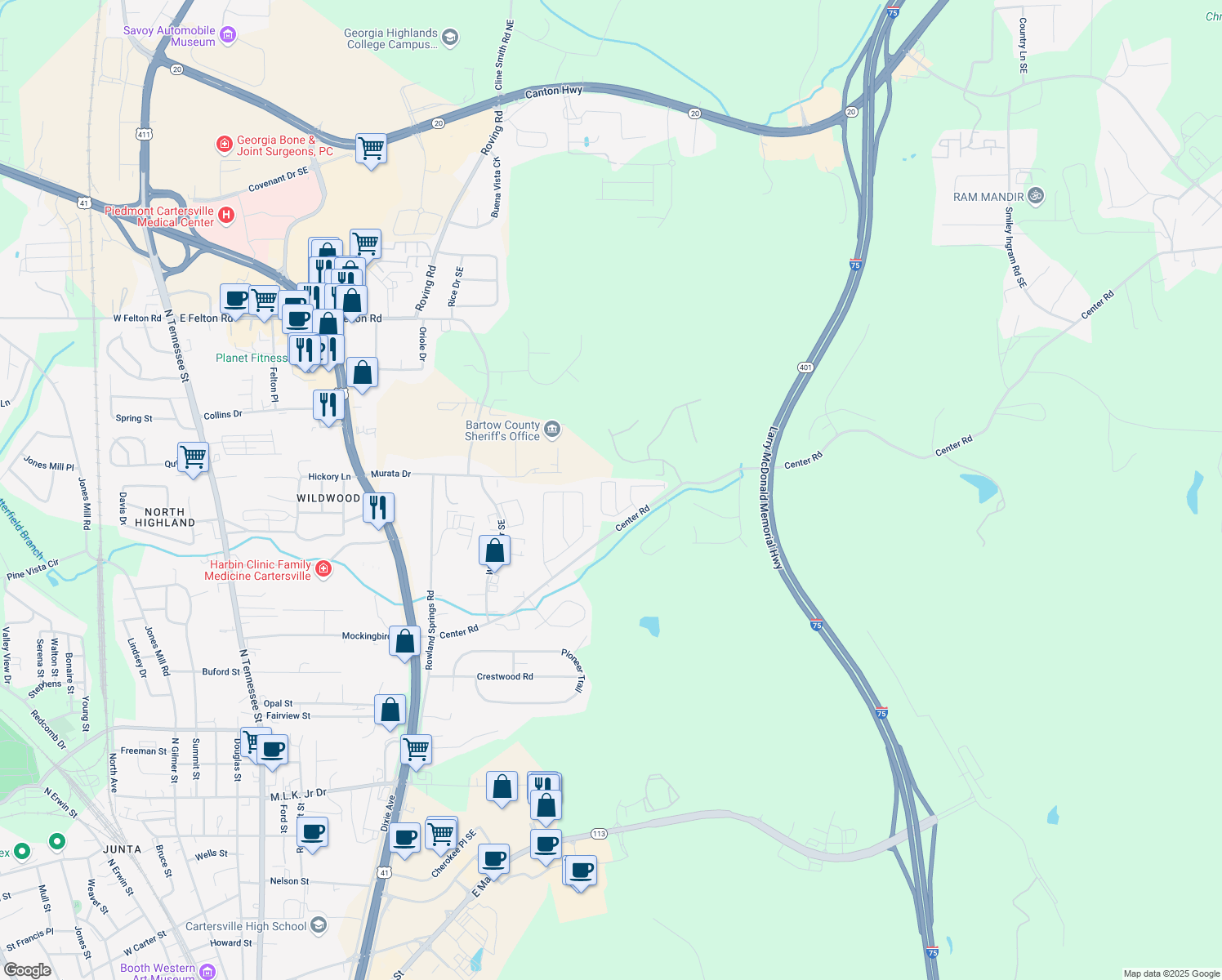 map of restaurants, bars, coffee shops, grocery stores, and more near 58 Wyndham Court in Cartersville