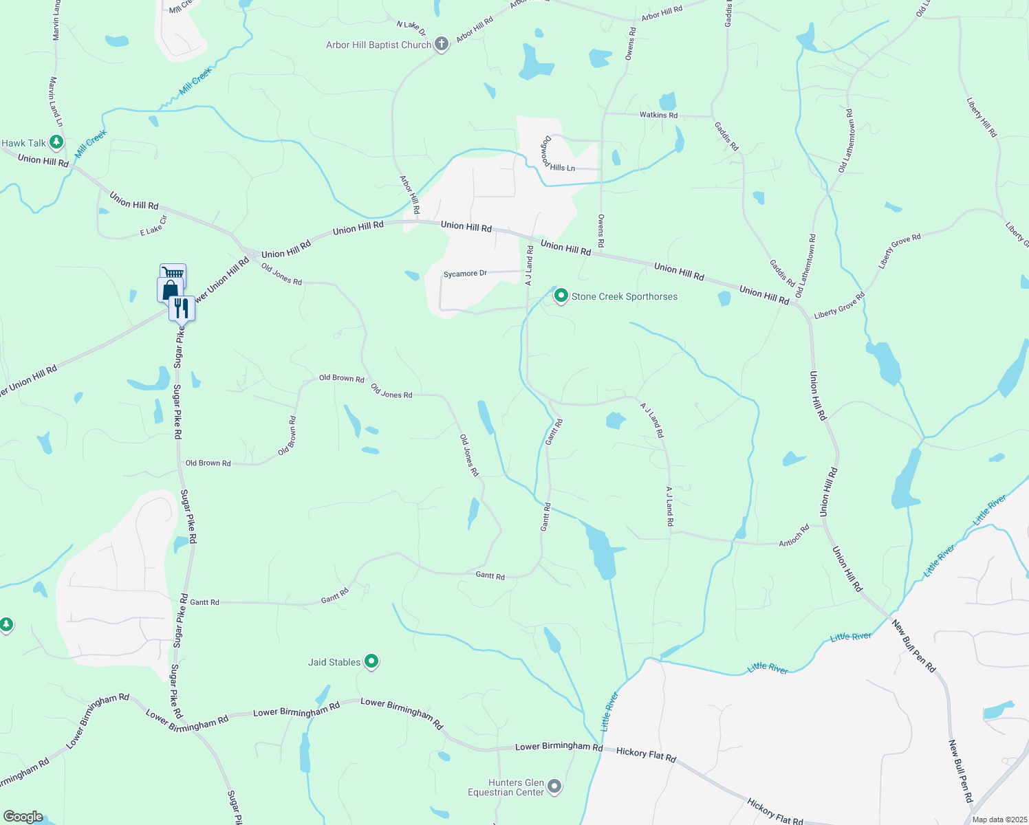 map of restaurants, bars, coffee shops, grocery stores, and more near 225 Crooked Creek Trail in Canton