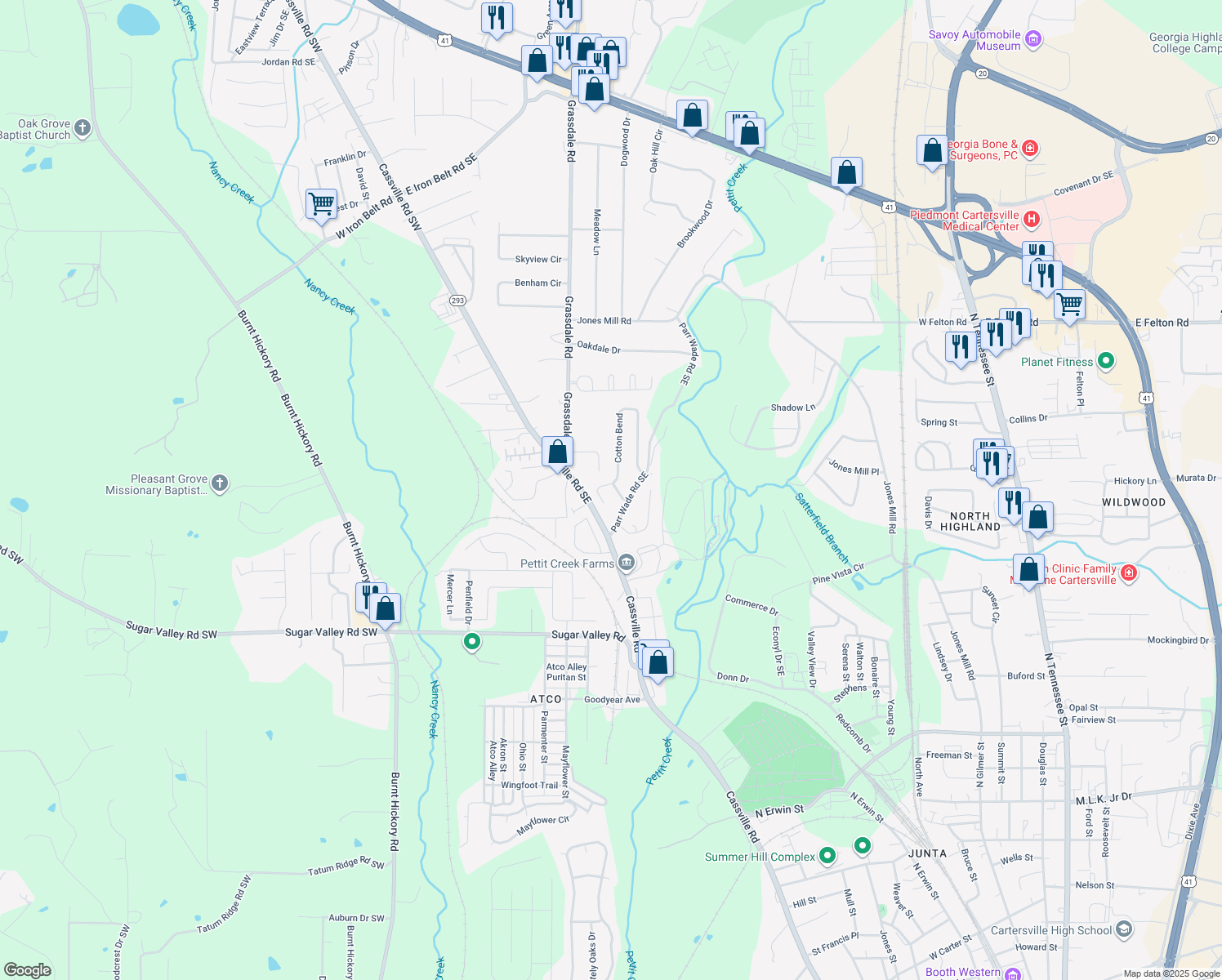 map of restaurants, bars, coffee shops, grocery stores, and more near 76 Cotton Bend in Cartersville