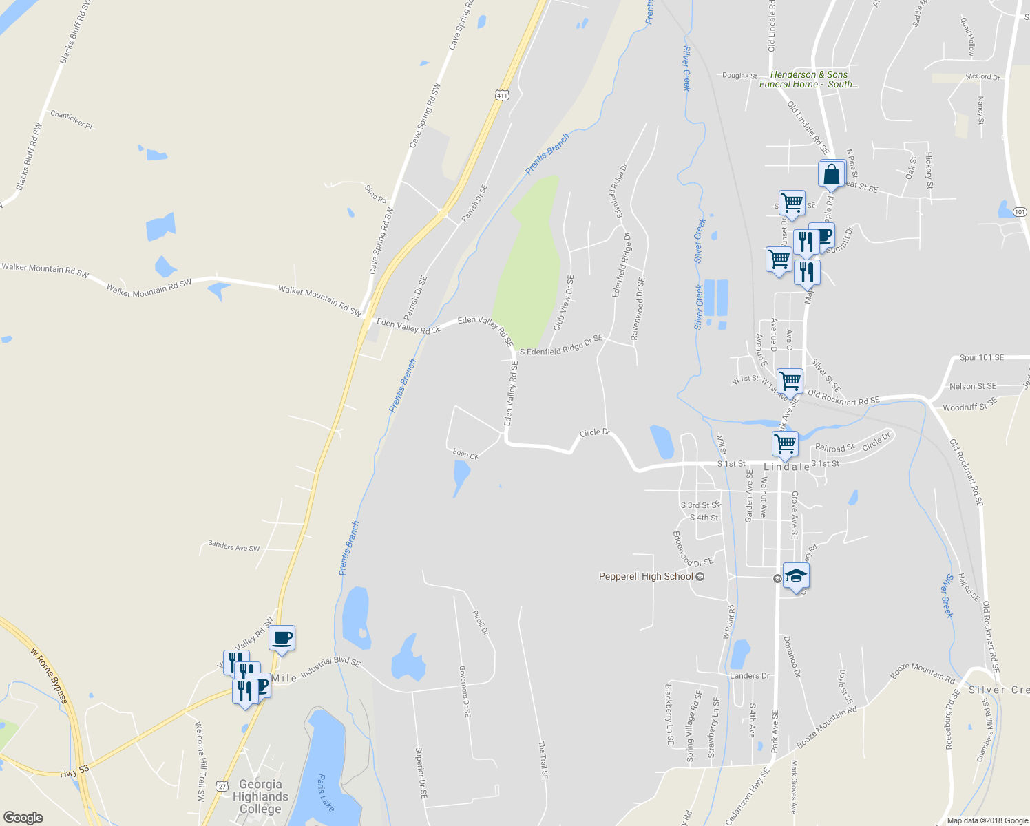 map of restaurants, bars, coffee shops, grocery stores, and more near 417 Eden Valley Road Southeast in Rome