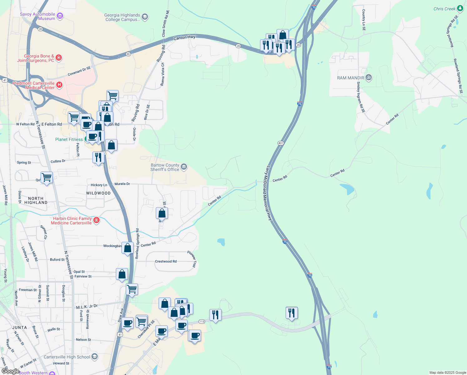 map of restaurants, bars, coffee shops, grocery stores, and more near 23 Canyon Trail Southeast in Cartersville