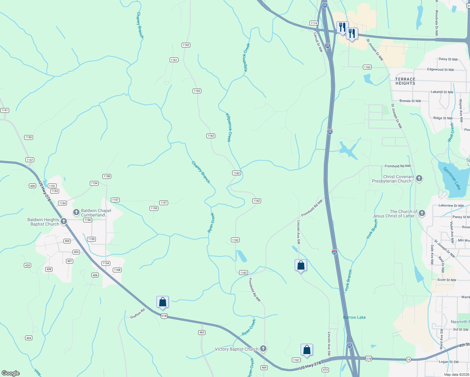 map of restaurants, bars, coffee shops, grocery stores, and more near 1027 County Road 1162 in Cullman