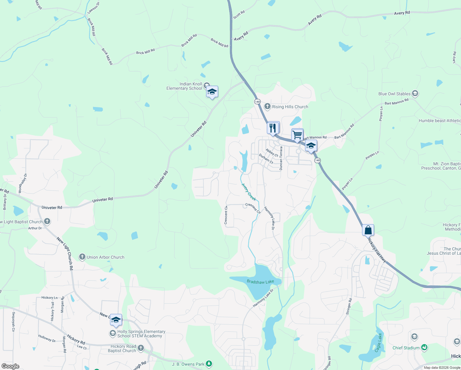 map of restaurants, bars, coffee shops, grocery stores, and more near 413 Deepstream Crossing in Canton
