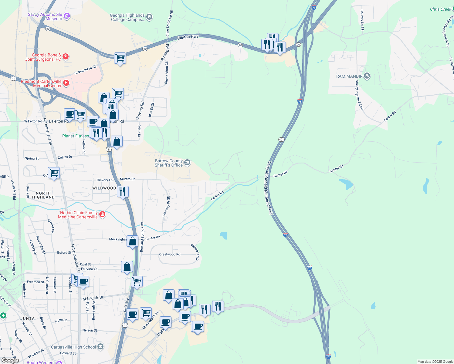 map of restaurants, bars, coffee shops, grocery stores, and more near 55 Carriage Trce Southeast in Cartersville