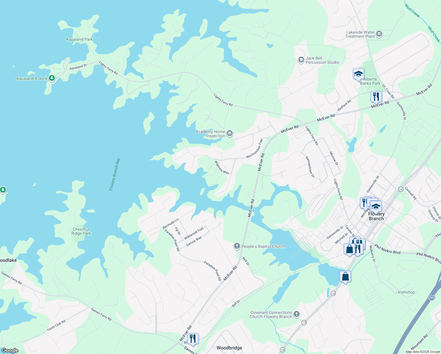 map of restaurants, bars, coffee shops, grocery stores, and more near 5990 Wigwam Way in Flowery Branch