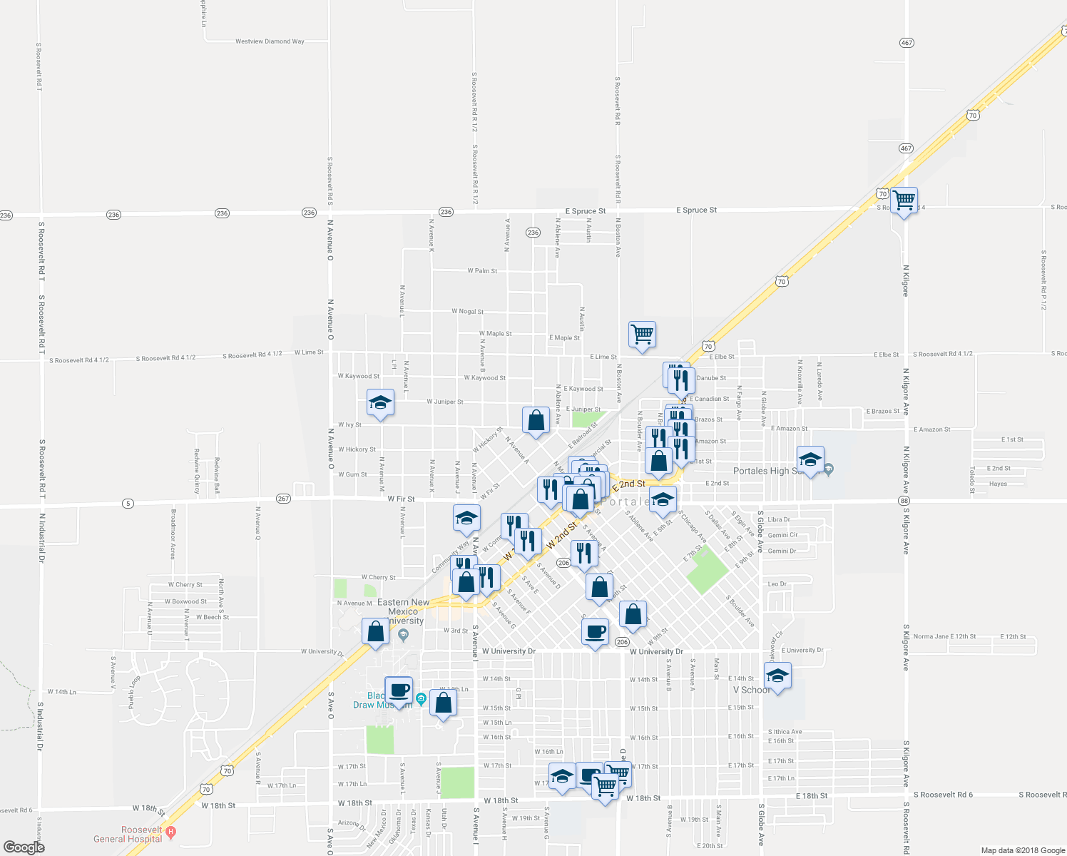 map of restaurants, bars, coffee shops, grocery stores, and more near 100-158 East Ivy Street in Portales