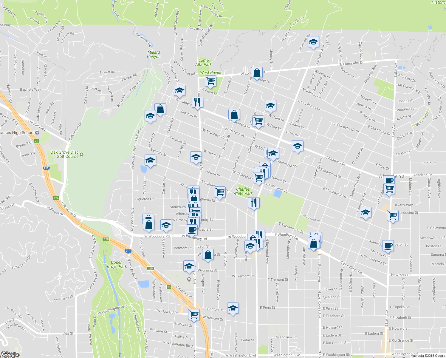 map of restaurants, bars, coffee shops, grocery stores, and more near 260 Ventura Street in Altadena
