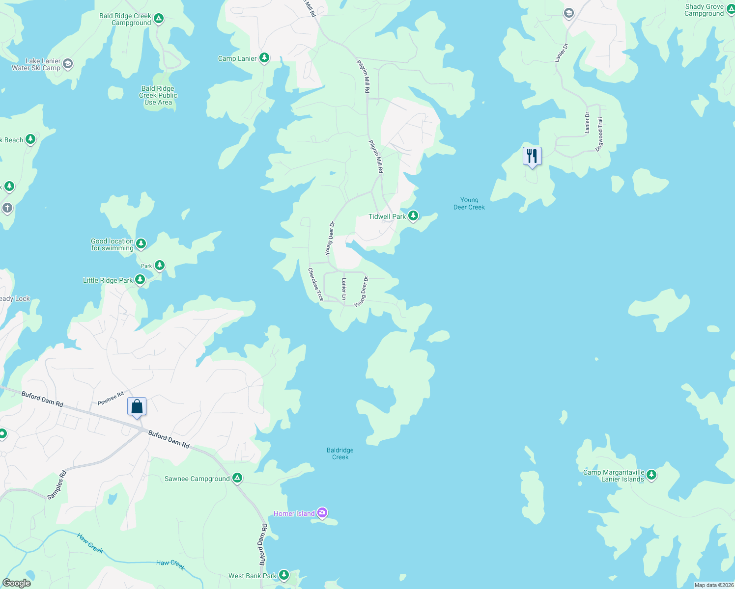 map of restaurants, bars, coffee shops, grocery stores, and more near 5355 Young Deer Drive in Cumming