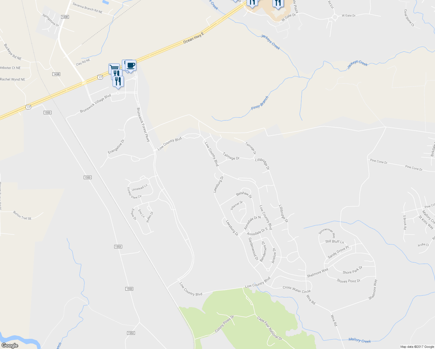 map of restaurants, bars, coffee shops, grocery stores, and more near 1010 Dowling Court in Leland