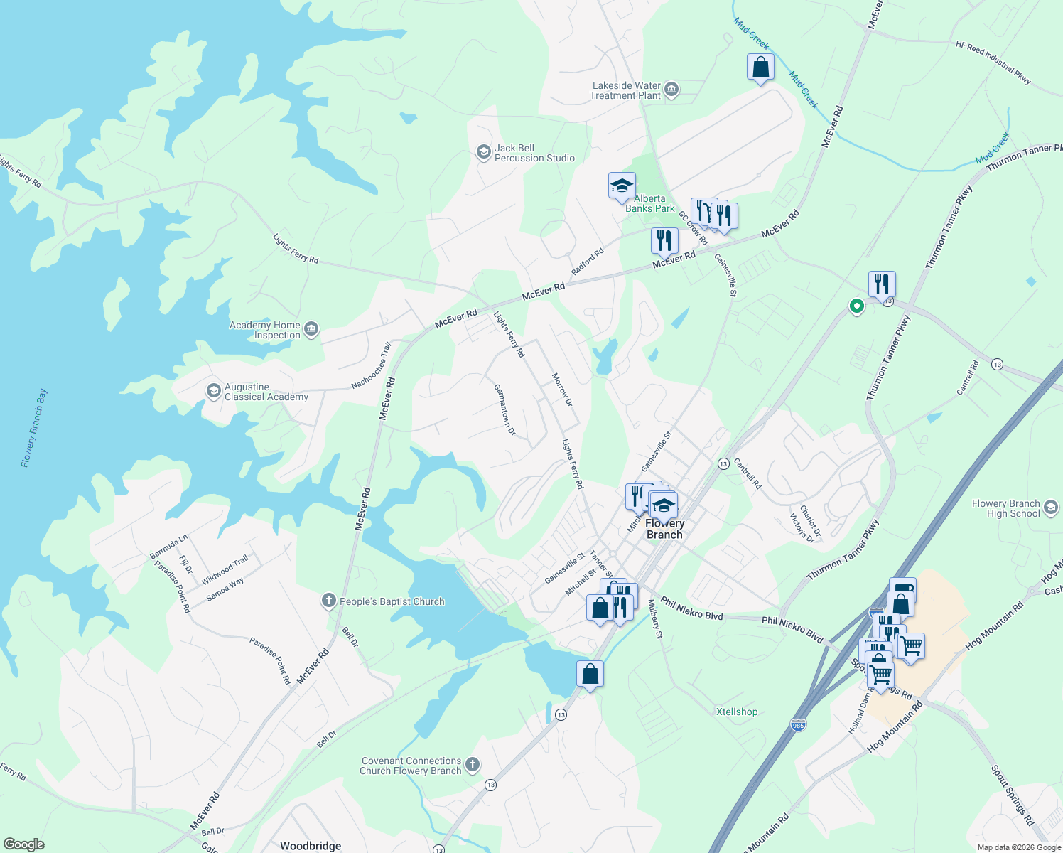 map of restaurants, bars, coffee shops, grocery stores, and more near 7060 Saratoga Dr in Flowery Branch