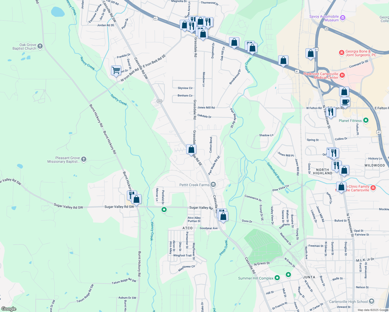 map of restaurants, bars, coffee shops, grocery stores, and more near 506 Cassville Road in Cartersville
