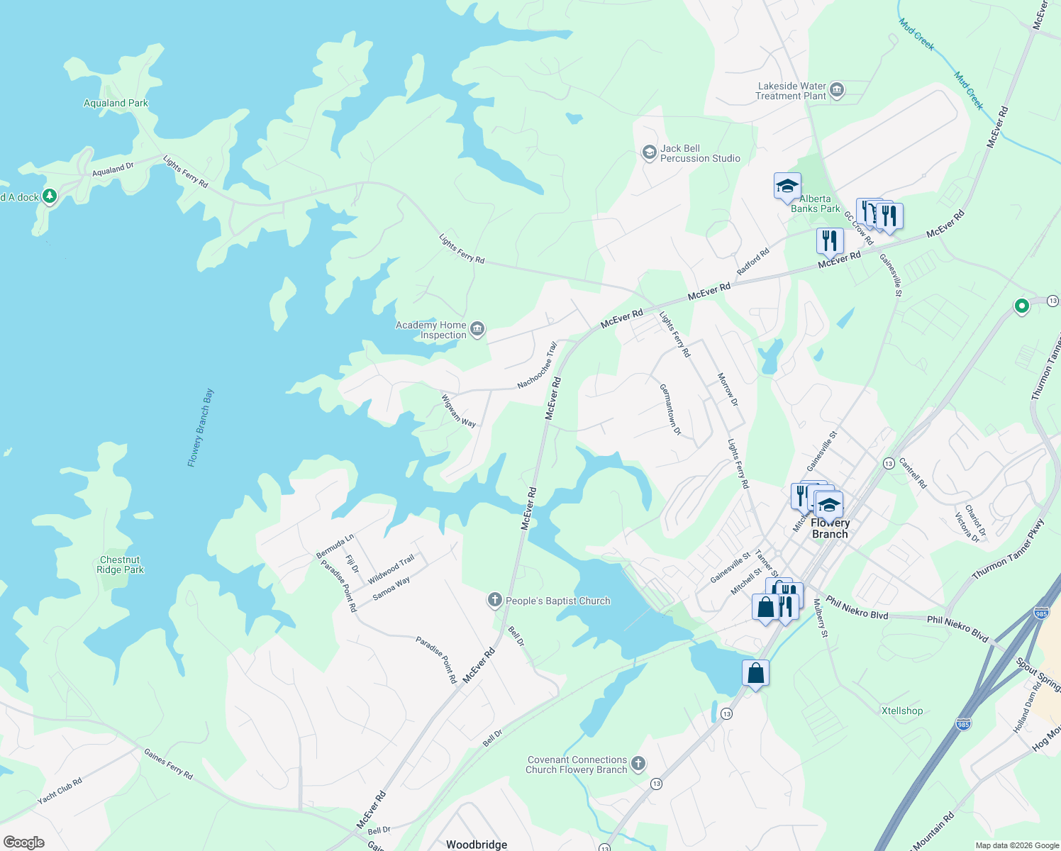 map of restaurants, bars, coffee shops, grocery stores, and more near 5972 McEver Road in Flowery Branch