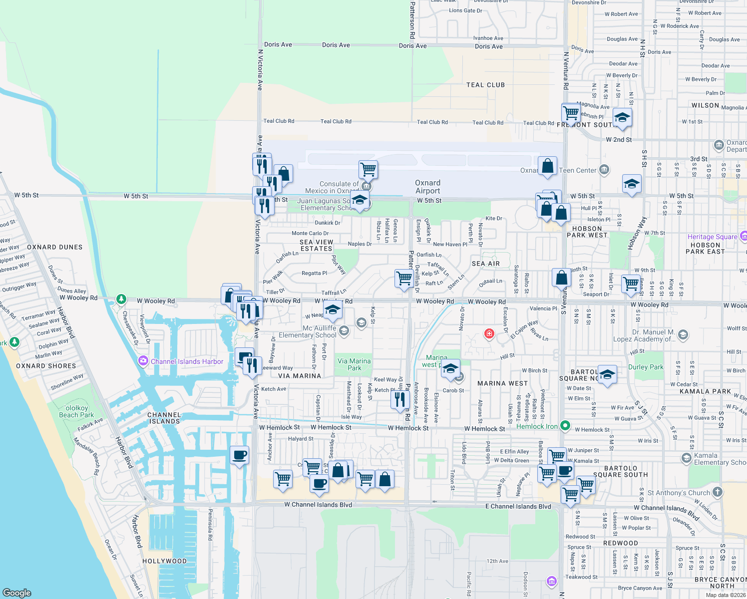 map of restaurants, bars, coffee shops, grocery stores, and more near 1020 Kelp Ln in Oxnard