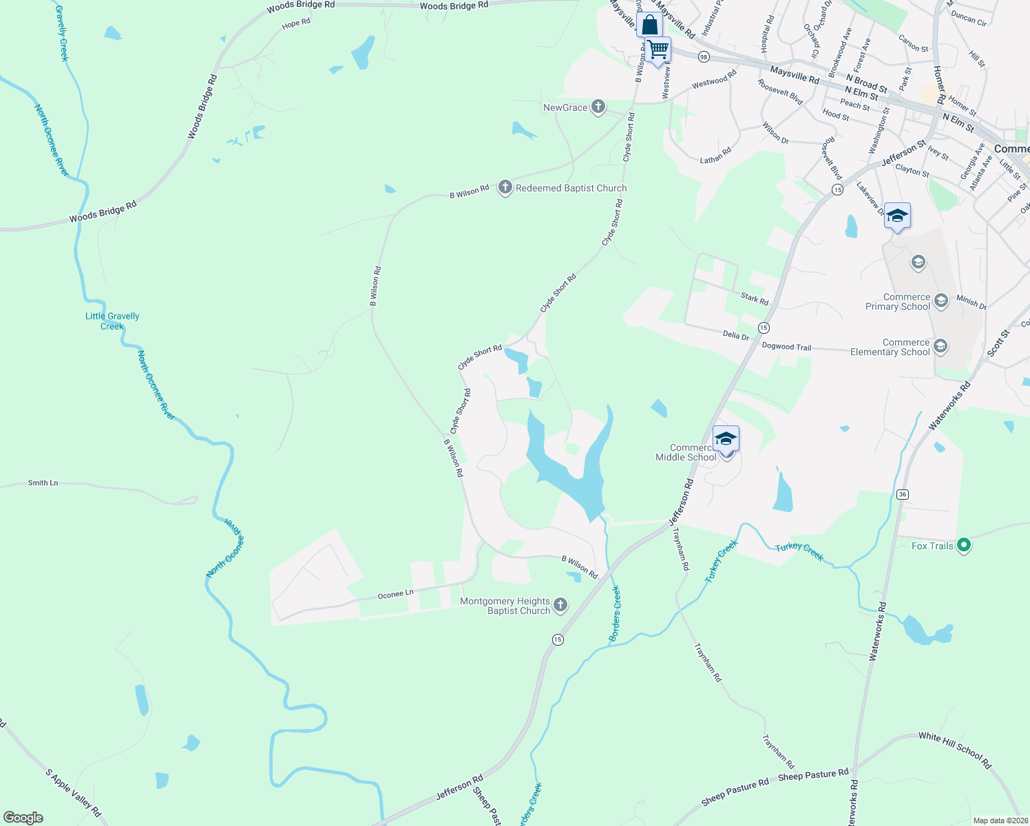 map of restaurants, bars, coffee shops, grocery stores, and more near 1034 Blue Heron Drive in Commerce
