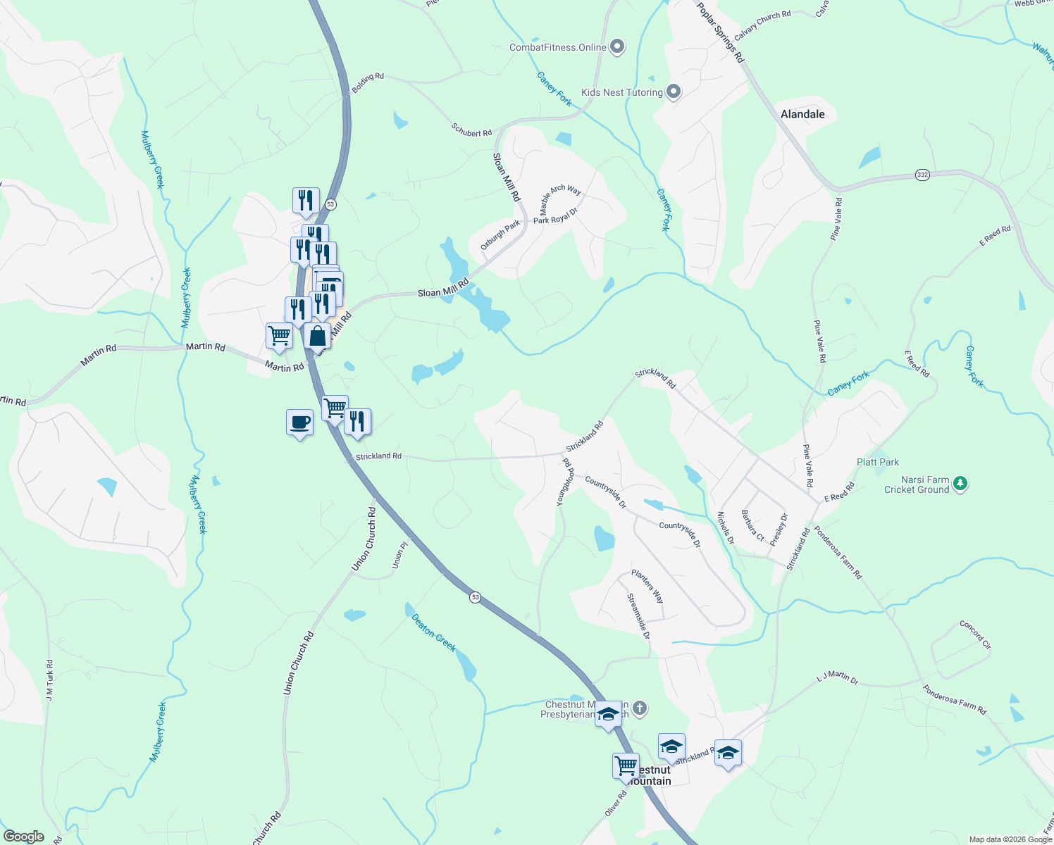 map of restaurants, bars, coffee shops, grocery stores, and more near 4530 Cash Drive in Flowery Branch
