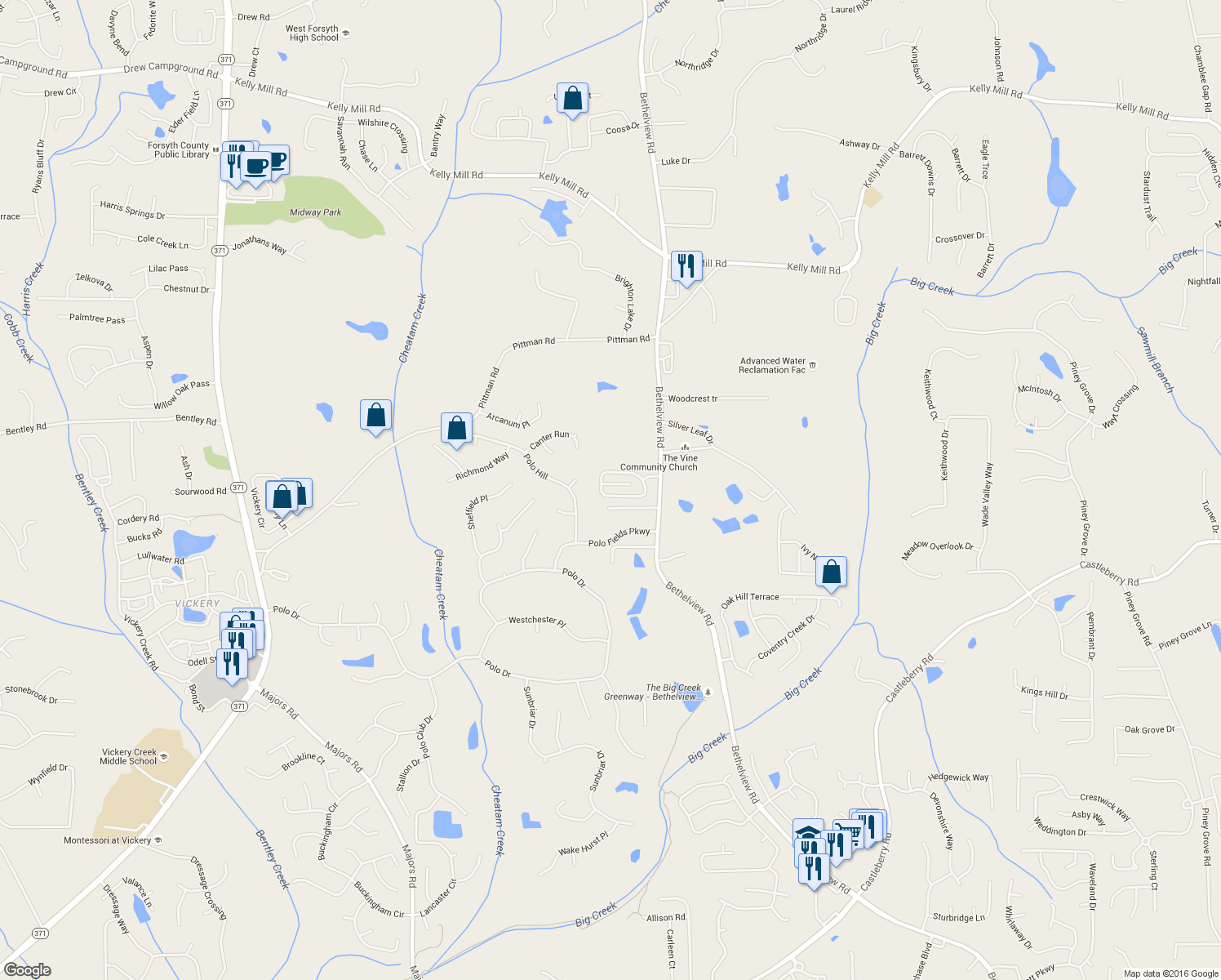 map of restaurants, bars, coffee shops, grocery stores, and more near 4995 Cecilia Square in Cumming