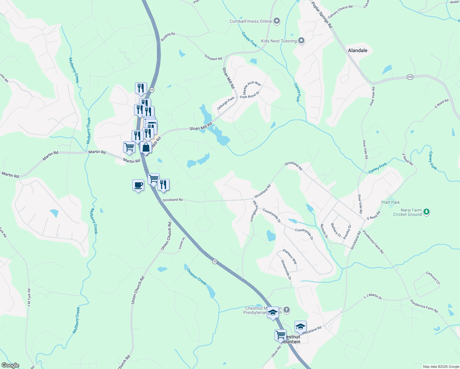 map of restaurants, bars, coffee shops, grocery stores, and more near 4546 Cash Drive in Flowery Branch