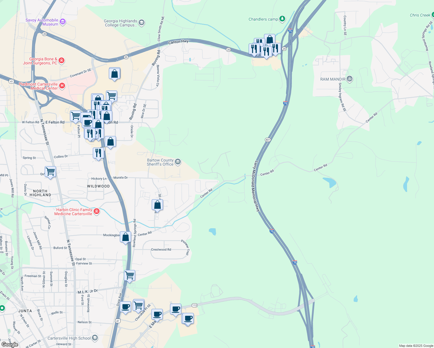 map of restaurants, bars, coffee shops, grocery stores, and more near 100 Everton Place in Cartersville