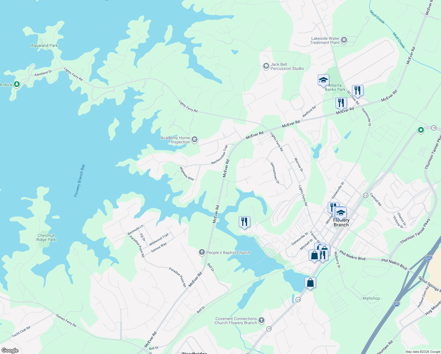 map of restaurants, bars, coffee shops, grocery stores, and more near 5972 McEver Road in Flowery Branch