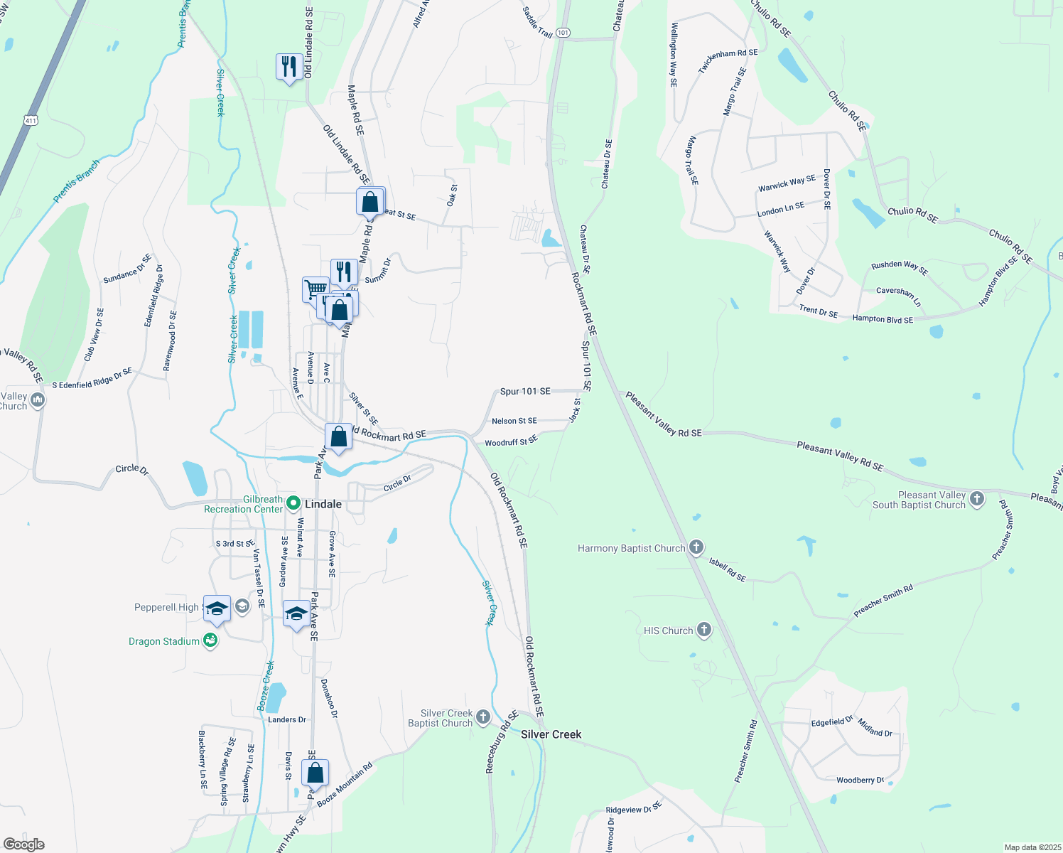 map of restaurants, bars, coffee shops, grocery stores, and more near 114 Nelson Street Southeast in Silver Creek