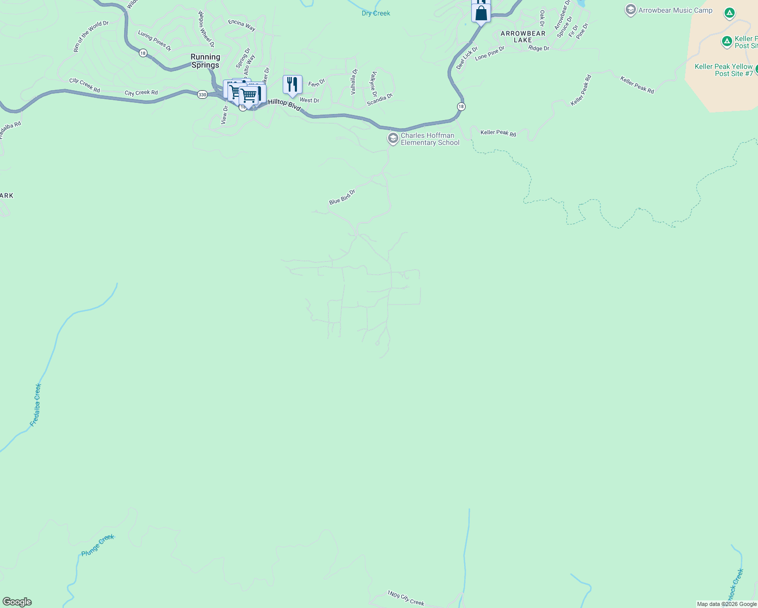 map of restaurants, bars, coffee shops, grocery stores, and more near 32487 Snowshoe Lane in Running Springs