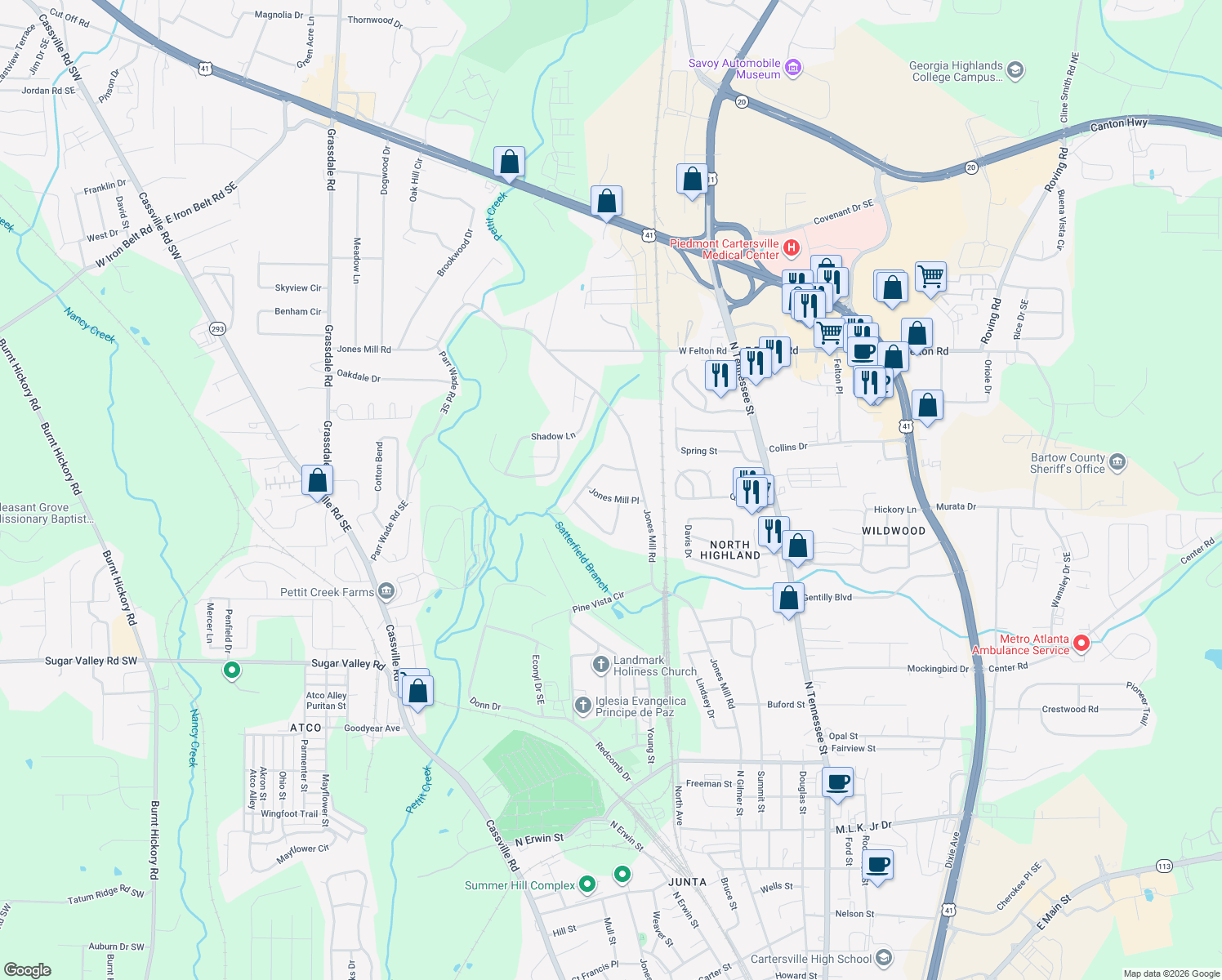 map of restaurants, bars, coffee shops, grocery stores, and more near 11 Jones Mill Pl in Cartersville