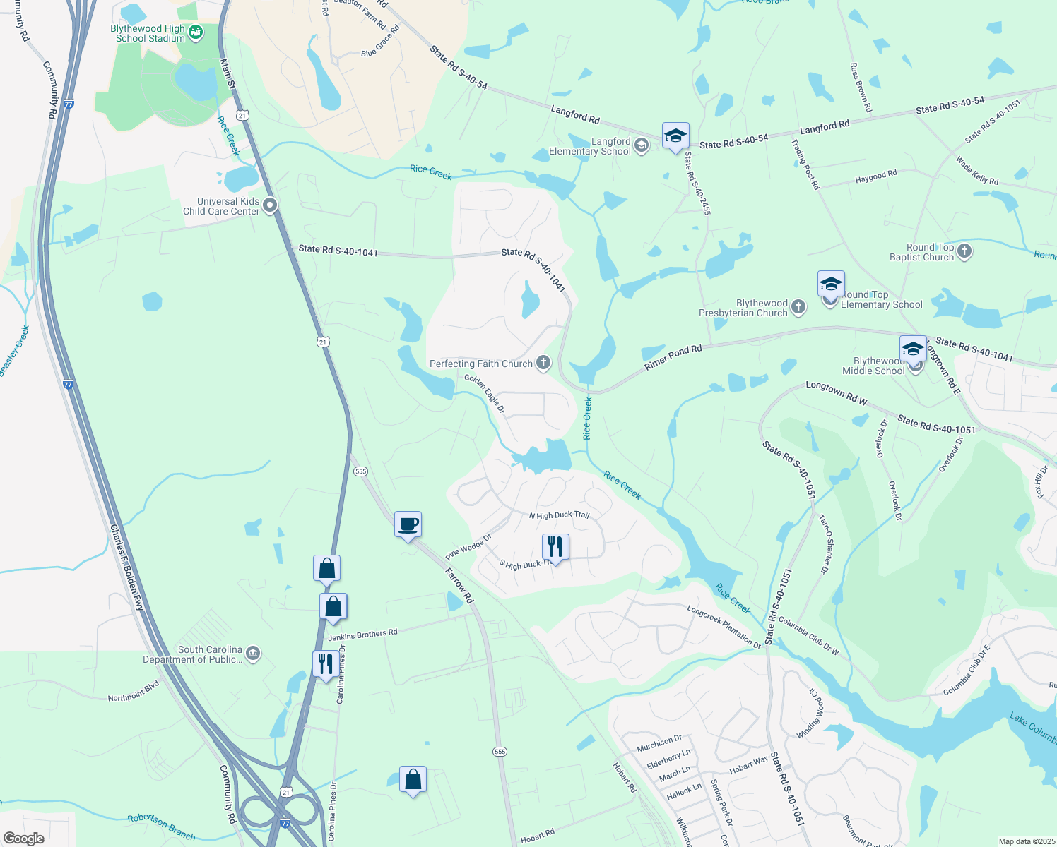 map of restaurants, bars, coffee shops, grocery stores, and more near 614 Whistling Kite Lane in Blythewood